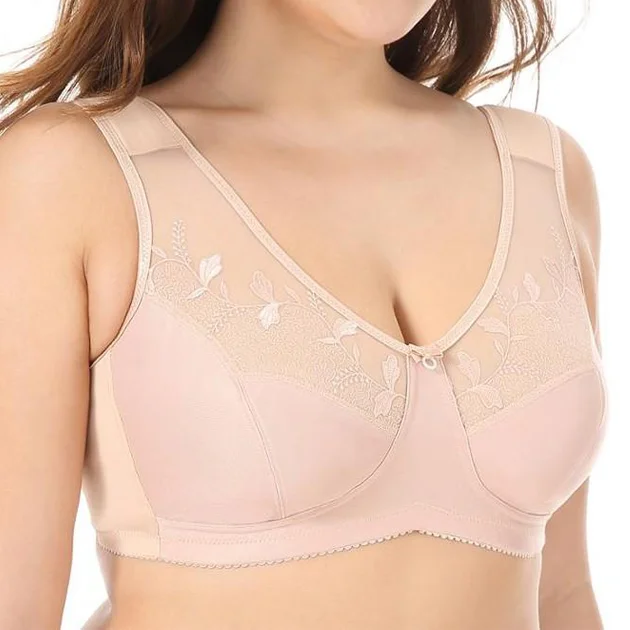 plus-size sports bra with mesh panelsFull Coverage Wireless Beige Minimizer Bra