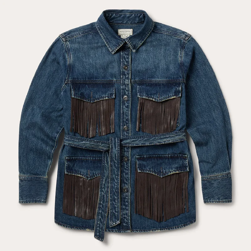 Women's Bomber CoatsDark Denim Fringe Jacket