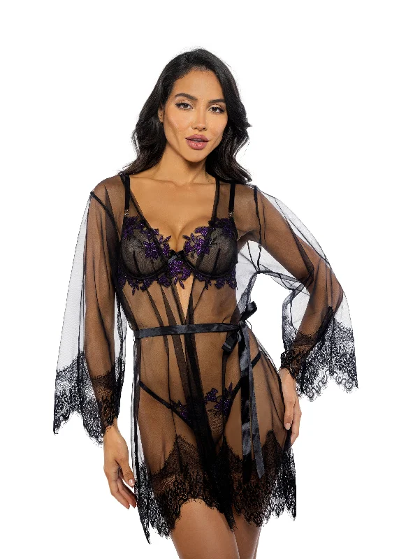 molded cup bra for shape retentionRoma Confidential Daydream Mini Robe Eyelash Lace Sheer Mesh Black