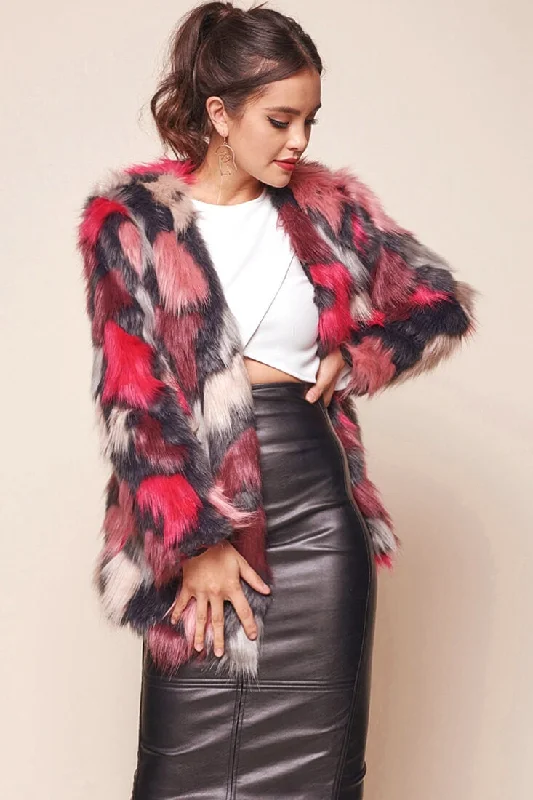 Women's Coats with Fur Trimmed BeltRonan Faux Fur Multi-Print Coat Maroon