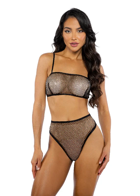 convertible plunge braRoma Confidential Think Pink Rhinestone Fishnet Tube Bra Set Black