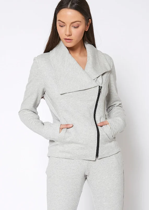 Women's Coats with ButtonsWomen's Oversized Collar Zip-Up Moto Jacket In Heather Grey