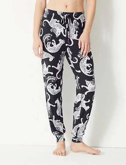 women's pajamas with a subtle shimmerM&S Leopard Cuffed Hem Pyjama Bottoms