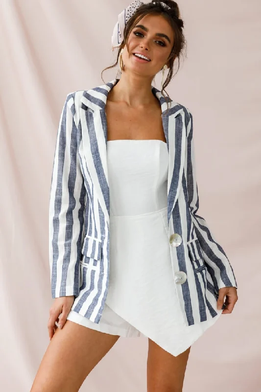 Women's Coats with Fur Trimmed ButtonsHamptons Striped Notched Lapel Jacket Blue