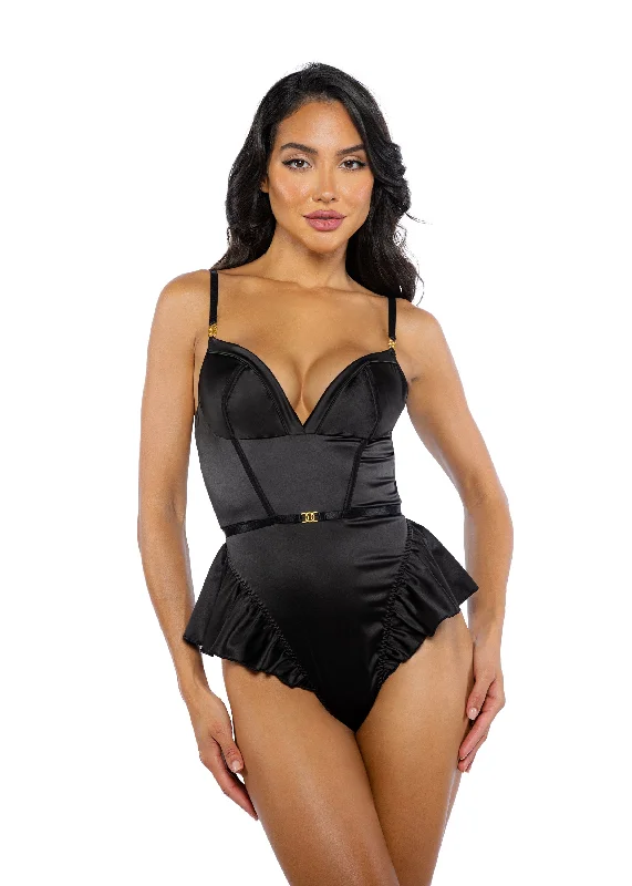 lingerie bra set with matching pantiesRoma Confidential Cleopatra Stretch Satin Sweetheart Peplum Romper Black