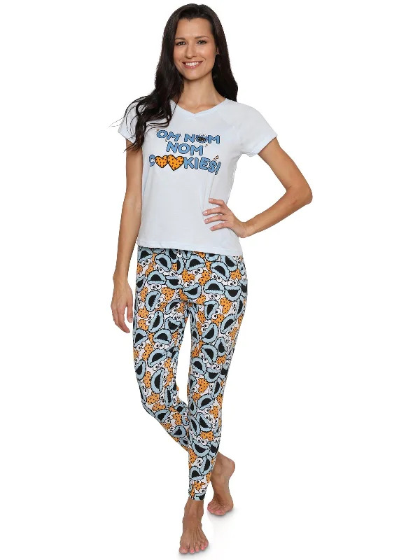 women's pajamas with pockets on legsSesame Street Cookie Monster Women's 2 Piece Pajama Set 'Om Nom Nom' Cookies Sleepwear, Plus Size