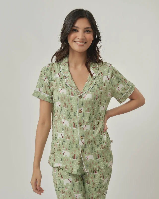 women's pajamas with an elasticized cuffsUnisex Short Sleeves Button Down PJ Set, Polar Bear