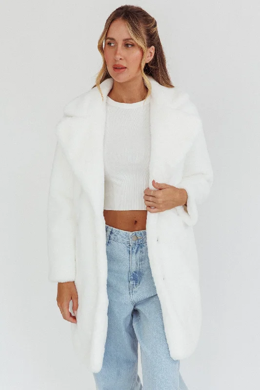 Women's Coats with Fur Trimmed ZipperPerceptions Longline Faux Fur Coat White