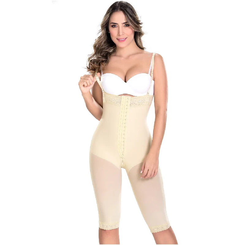 convertible plunge bra with lace trimStrapless Knee Length Compression Bodysuits