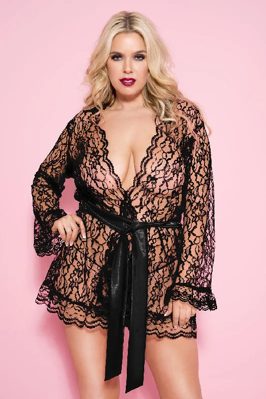 moisture-wicking sports braMusic Legs Floral Lace Short Robe (Plus Size)