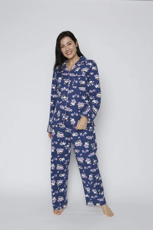 women's pajamas with cozy footiesKayanna Flannel Pugs