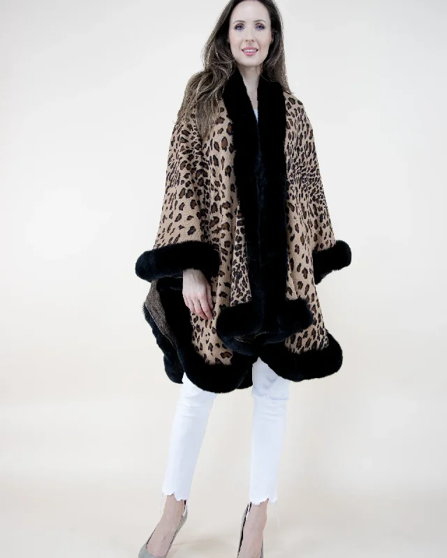 Women's Windbreaker CoatsBlack & Camel Cheetah Shawl w/ Faux Fur