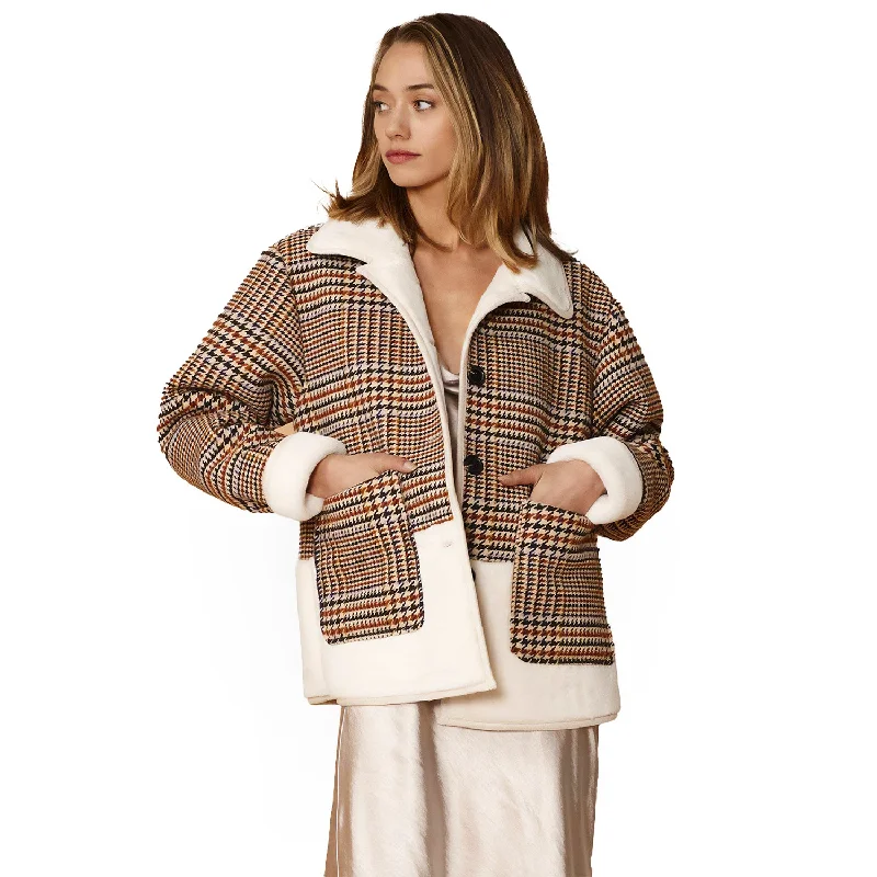 Women's Coats with Fur Trimmed SleevesWomen's Plaid Fur Jacket in Rust Houndstooth