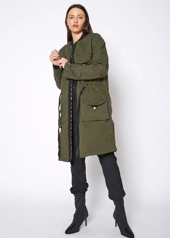 Women's Coats with Fur Trimmed BeltWomen's Zip Up Long Utility Jacket In Olive