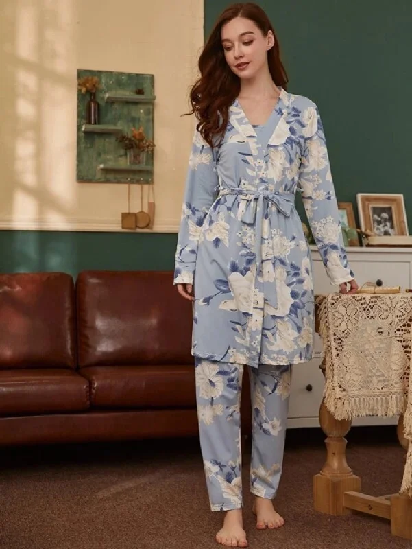 women's pajamas with an elasticized cuffs3 Piece Floral Print Belted Robe Set