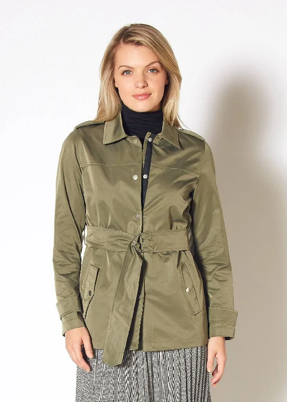 Women's Coats with Fur Trimmed CollarWomen's Olive Windbreaker Belted Collar Jacket in Olive