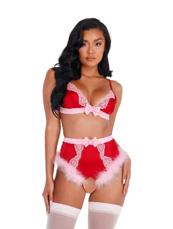 wire-free contour braRoma Confidential Valentine Lace & Satin Marabou Bra Set Red Pink