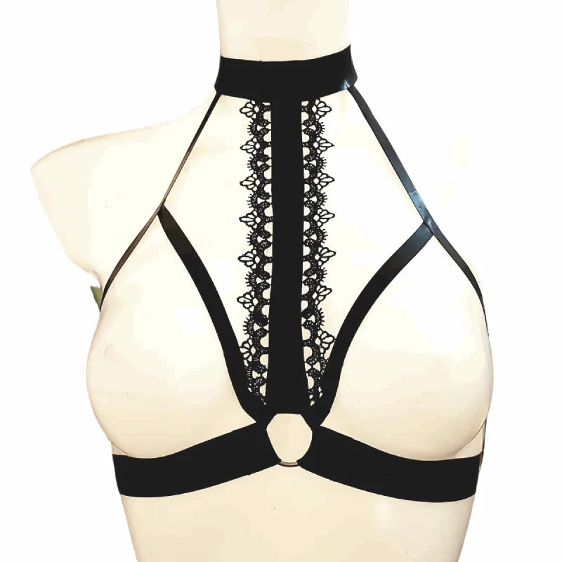 wireless lace bra with adjustable straps for versatilityBlack Latex & Lace Open Cup Harness Bra with Choker