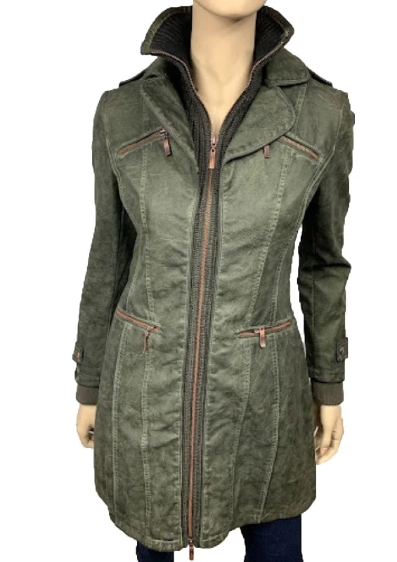 Women's Coats with Fur Trimmed CollarWomen's Faux Leather Jacket-BF18254-W-GRN.OLIVE