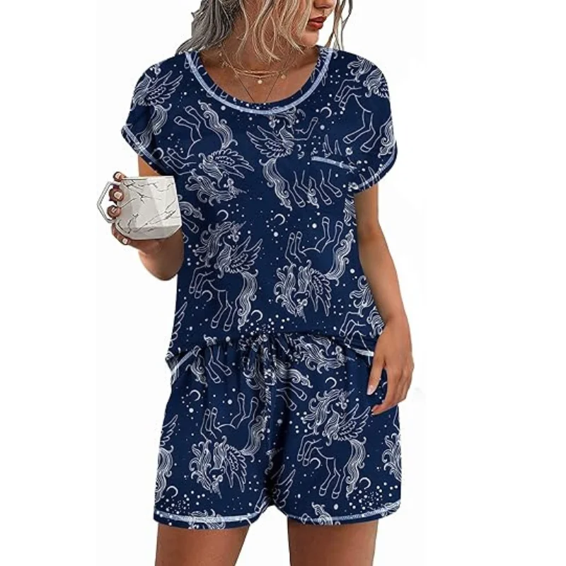 women's pajamas for cold weather2 Piece Short Sleeve Top And Shorts