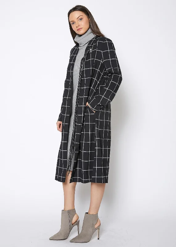 Women's Coats with Fur TrimWomen's Minimalist Grid Longline Coat In Black