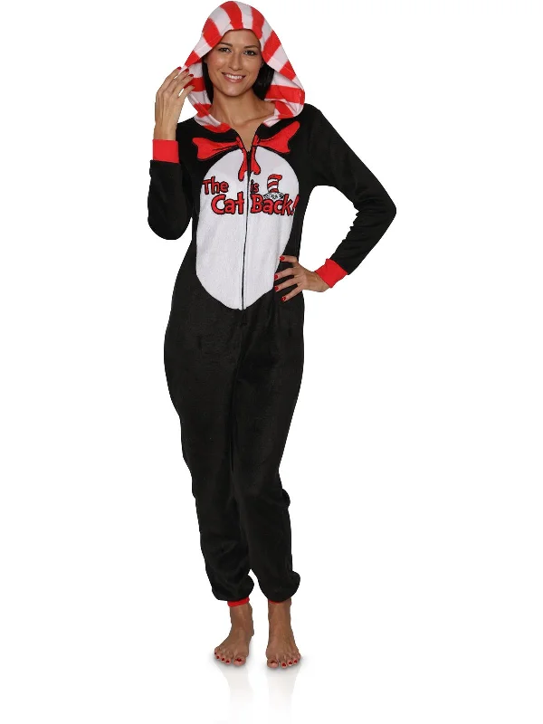 women's pajamas for those who seek ultimate relaxationDr.Seuss Womens Cat is Back Pajama Hooded Onesie - Cat in the Hat