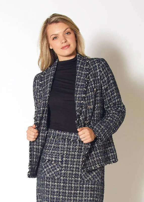 Women's Coats with Fur Trimmed SleevesWomen's Tweed Fringe Hem Blazer Jacket in Navy Tweed