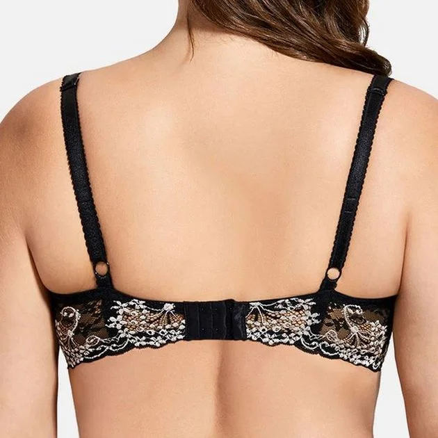 convertible halter bra with underwire supportFull Coverage Sheer Floral Lace Black Balconette Bra