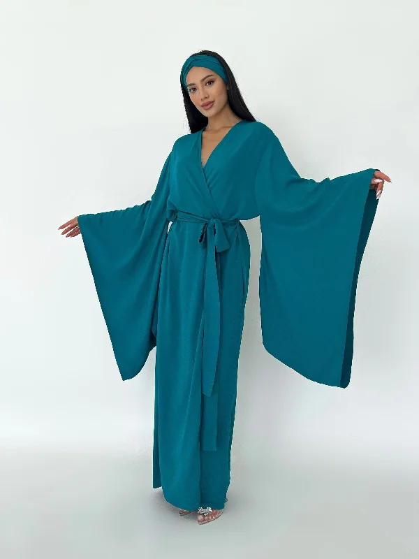 women's pajamas for cold weatherKimono Viscose Long Robe in Teal with pockets and headband