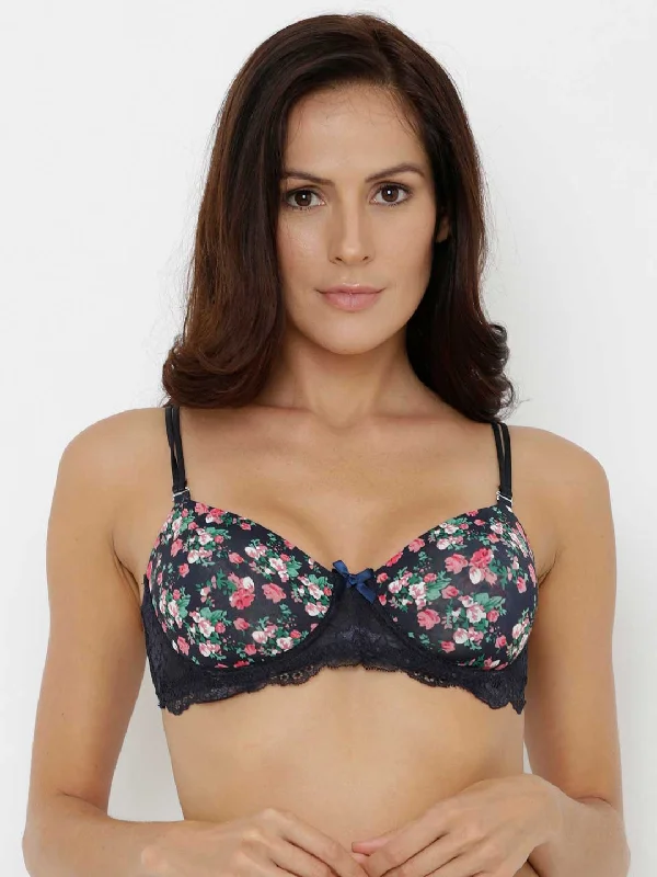 padded balconette braFlower Print Moulded Wired Non Padded Balconette Bra