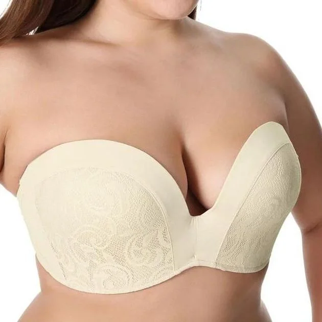 plus-size demi-cup bra with lace overlayLightly Padded Lace Plunge Ivory Bra