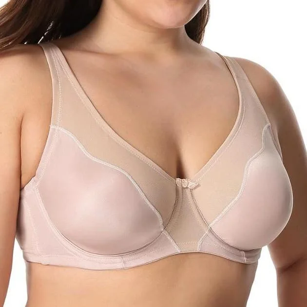 plus-size underwire bra with wide underbandV Neck Full Cover Non-Padded Beige Bra