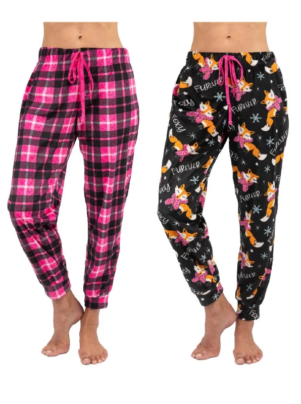 women's pajamas with elastic waistbandsChristmas Themed Women's Plush Jogger Pajama Pants Pack of 2