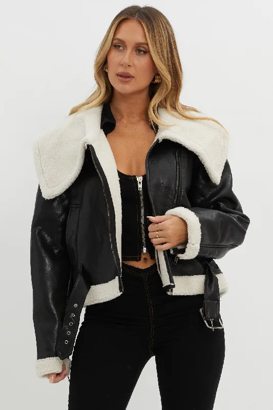 Women's Coats with Fur Trimmed CollarAviatrix Faux Leather Sherpa Jacket Black