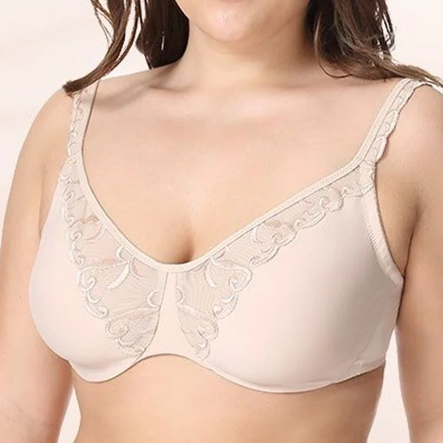 plus-size lace overlay nursing braFull Coverage Embroidered Beige Minimizer Bra