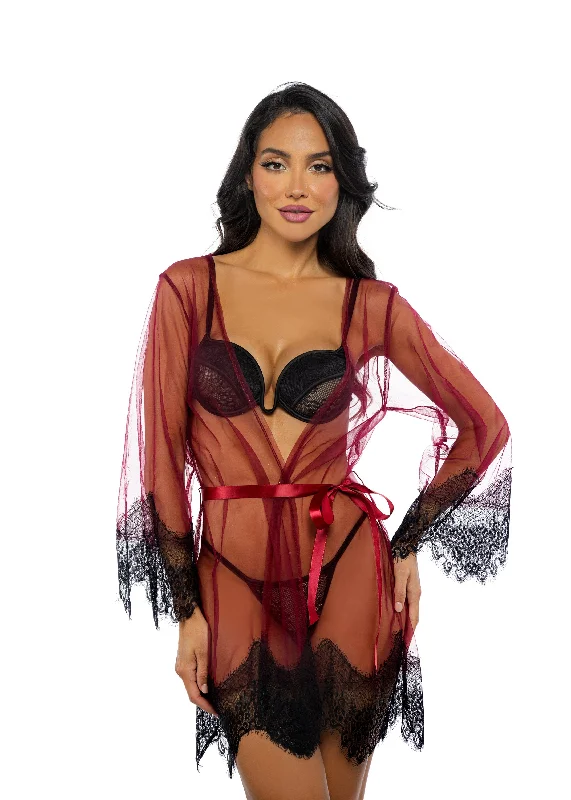 wireless bra with ruched sides for slimmingRoma Confidential Daydream Mini Robe Eyelash Lace Sheer Mesh Red