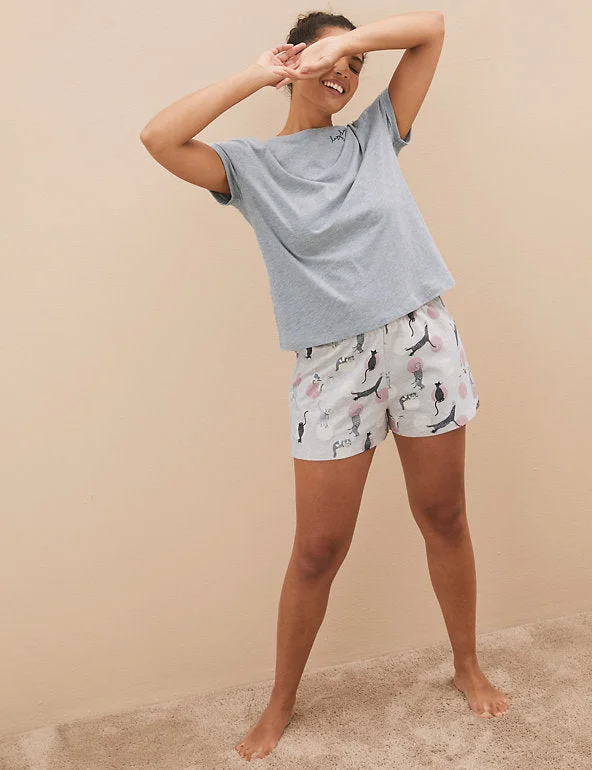 women's pajamas with a fitted designM&S Collection Pyjamas Cotton Rich Cat Print Short Pyjama Set