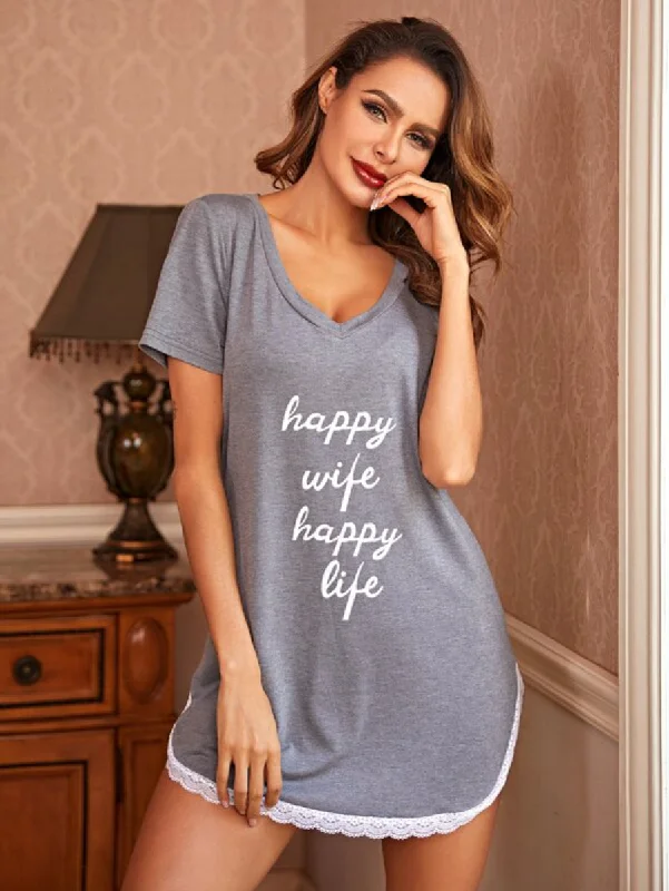 women's pajamas featuring floral embroideryContrast Lace Slogan Graphic Nightdress