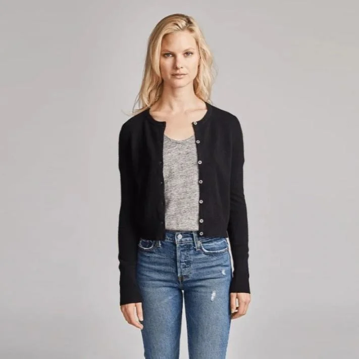 Women's Shirred SweatersEssential Cashmere Crewneck Cardigan (Black)