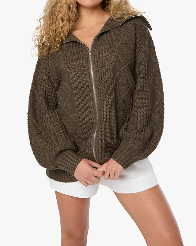 Women's Puffed Sleeve SweatersChunky Cable Knit Zip Up Sweater