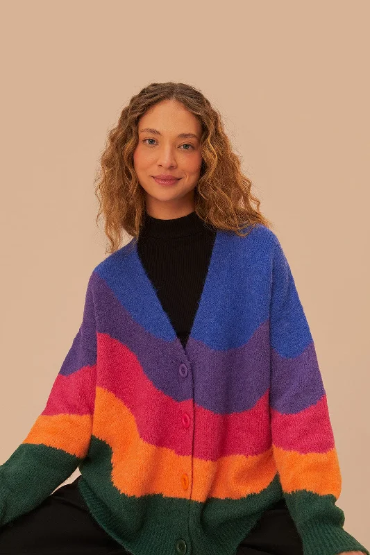 Women's Rounded Hem SweatersVintage Waves Multicolor Knit Cardigan