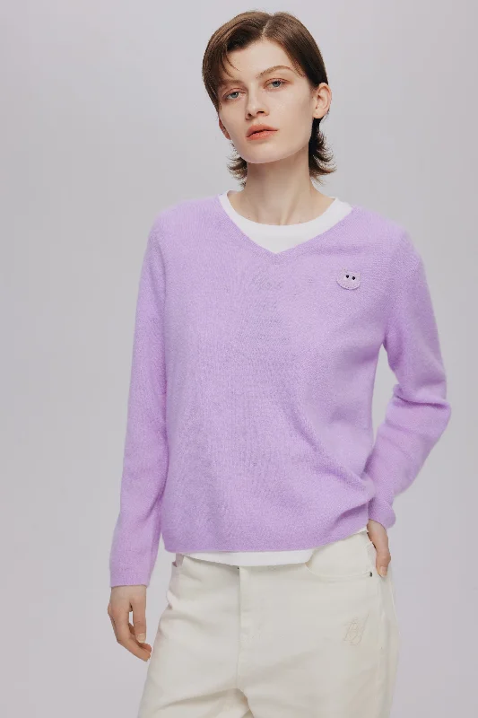 Women's Lapel Collar SweatersLight Purple V-Neck Meow Meow Sweater