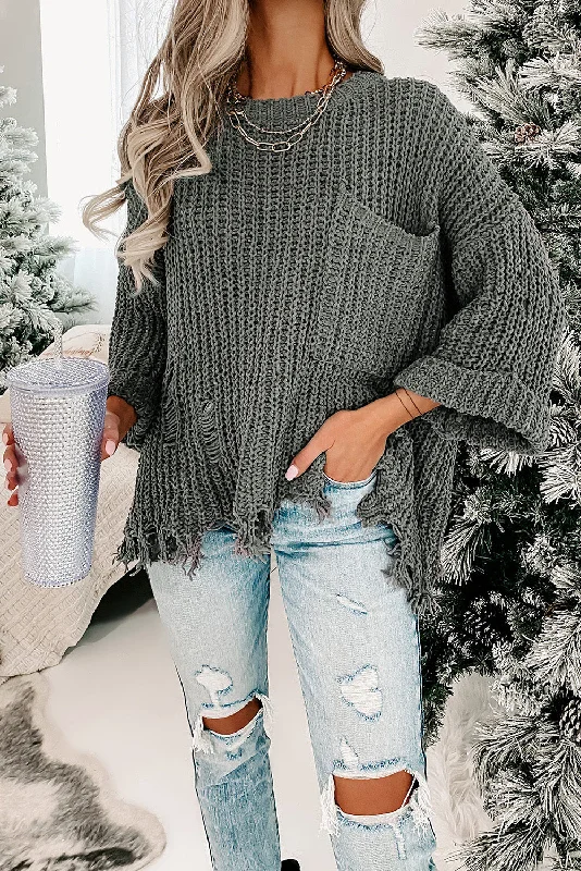 Women's Boat Neck SweatersRipped Raw Hem Chunky Pullover Sweater