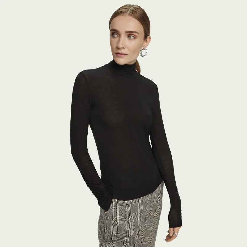 Women's Lithuanian Wool SweatersLong Sleeve Turtleneck T-Shirt (Black)