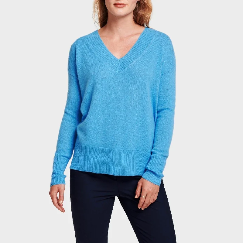 Women's Polish Wool SweatersCashmere Wide Rib V-Neck (Blue Agate)