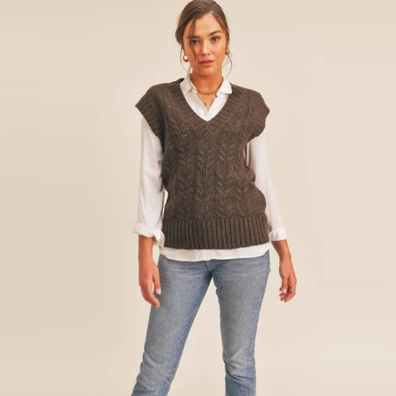 Women's Turtleneck SweatersCable Knit Oversized Sweater Vest (Espresso)