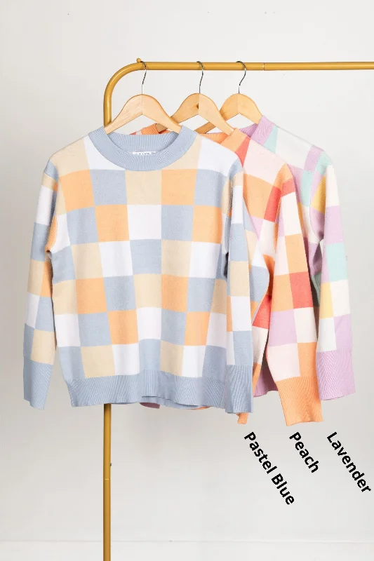 Women's Notched Collar SweatersMulti Colored Checkerboard Print Knit Top