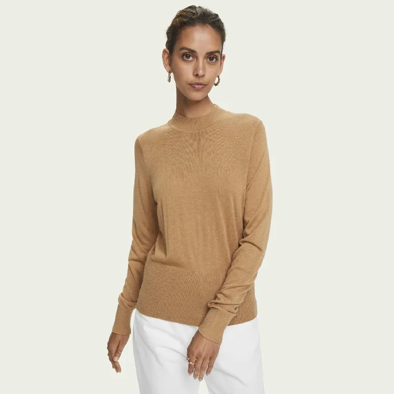 Women's Longline SweatersLightweight Knit Mock Neck Sweater (Caramel Melange)