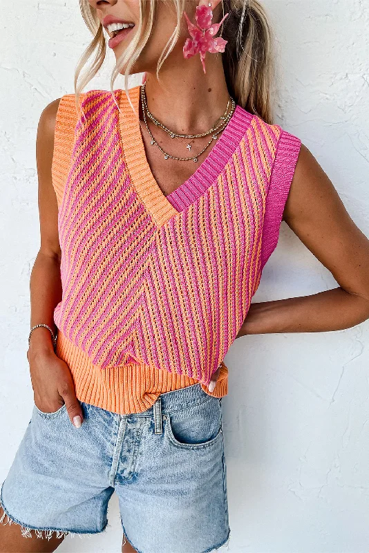 Women's Solid Color SweatersContrast Chevron Knit V Neck Sweater Vest