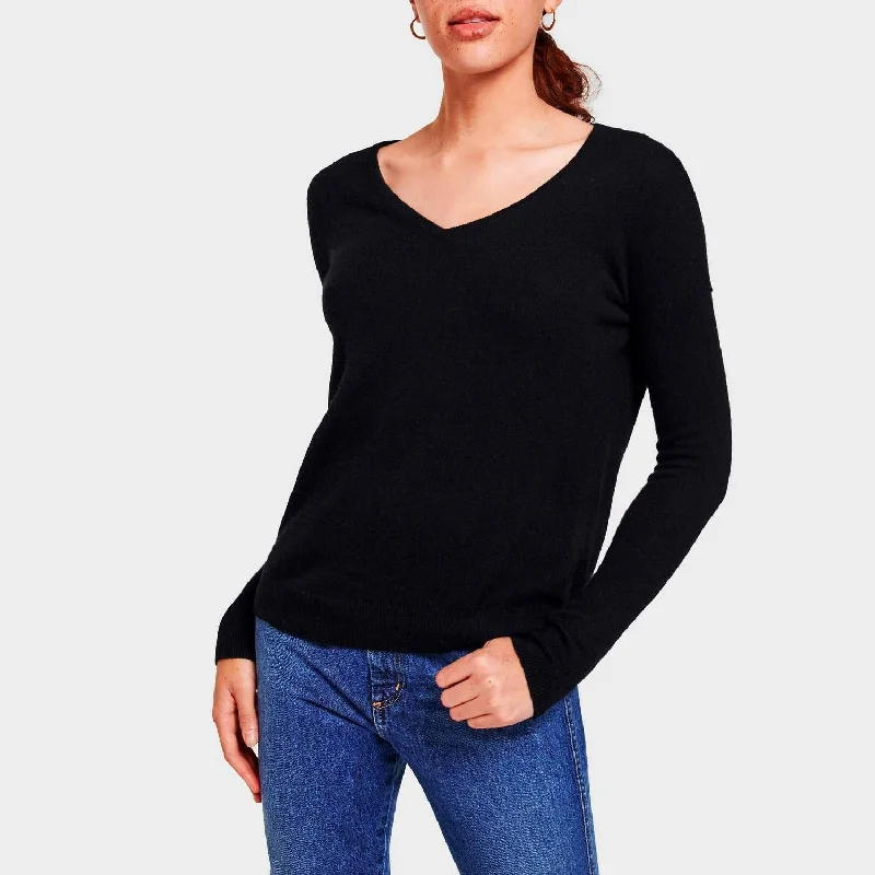 Women's Boat Collar SweatersEssential Cashmere V-Neck (Black)